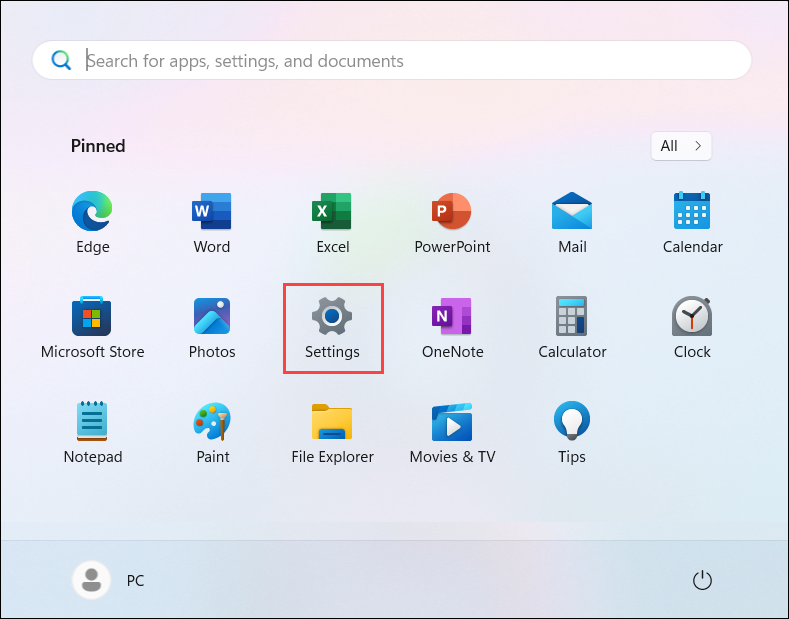 Settings in Windows start menu