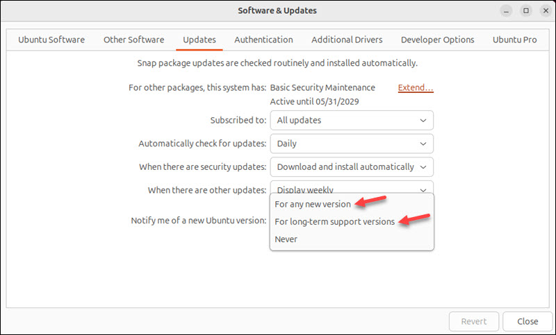 Software and Updates new ubuntu version choice