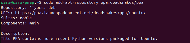 sudo add-apt-repository ppa:deadsnakes/ppa terminal output