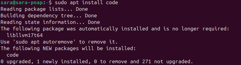 sudo apt install code terminal output