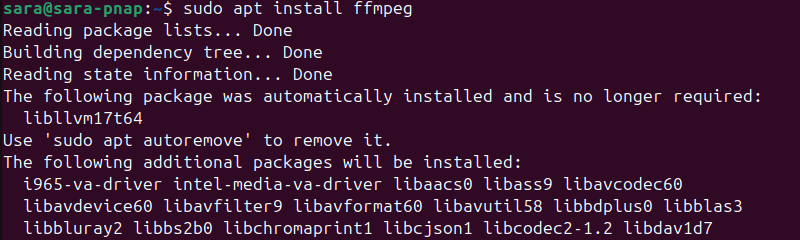 sudo apt install ffmpeg terminal output