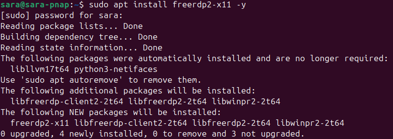 sudo apt install freerdp2-x11 -y terminal output