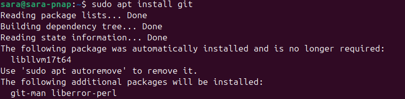 sudo apt install git terminal output