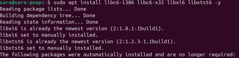 sudo apt install libc6-i386 libc6-x32 libxi6 libxtst6 -y terminal output