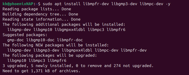 sudo apt install libpfr-dev libgmp3-dev libmpc-dev -y terminal output