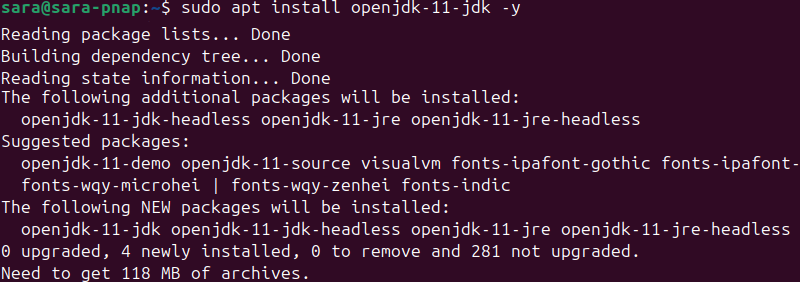 sudo apt install openjdk-11-jdk -y terminal output