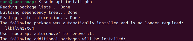 sudo apt install php terminal output