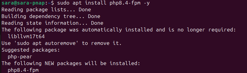 sudo apt install php8.4-fpm -y terminal output