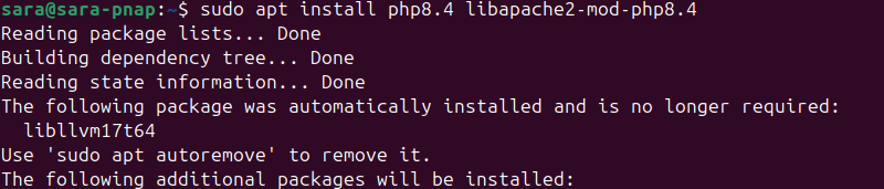 sudo apt install php8.4 libapache2-mod-php8.4 terminal output