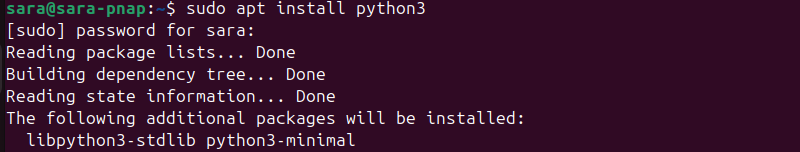 sudo apt install python3 terminal output