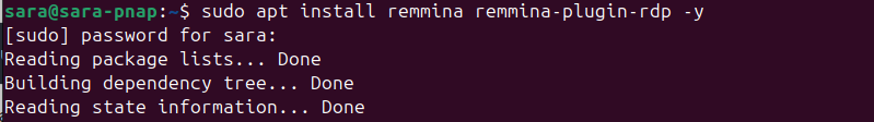 sudo apt install remmina remmina-plugin-rdp -y terminal output