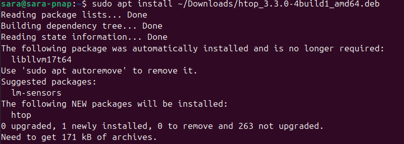 sudo apt install ~/Downloads/htop_3.3.0-4build1_amd64.deb terminal output