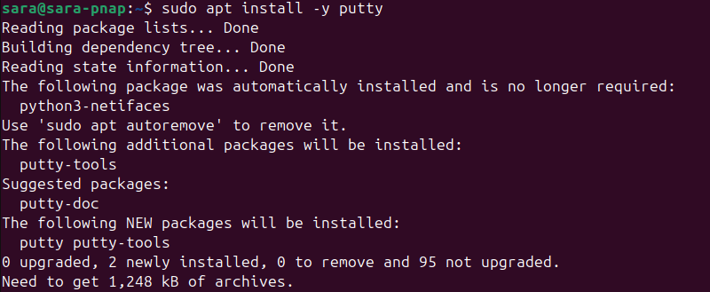 sudo apt install -y putty terminal output