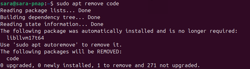 sudo apt remove code terminal output