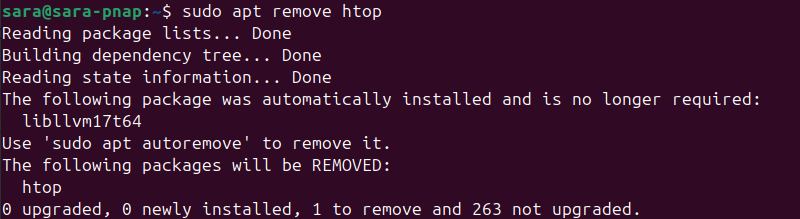 sudo apt remove htop terminal output