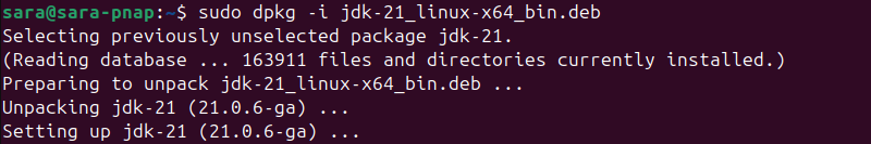 sudo dpkg -i jdk-21_linux-x64_bin.deb terminal output