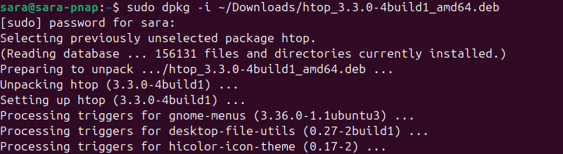 sudo dpkg -i ~/Downloads/htop_3.3.0-4build1_amd64.deb terminal output