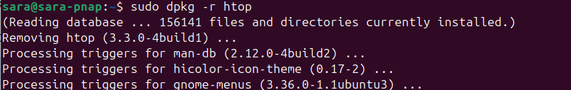 sudo dpkg -r htop terminal output