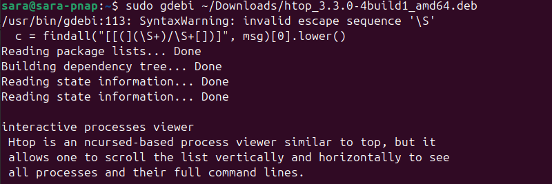 sudo gdebi ~/Downloads/htop_3.3.0-4build1_amd64.deb terminal output