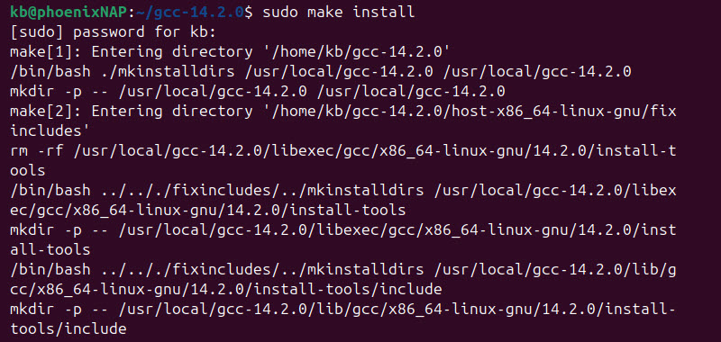 sudo make install gcc 14.2.0 terminal output