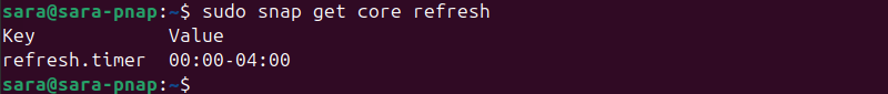 sudo snap get core refresh terminal output