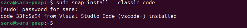 sudo snap install --classic code terminal output