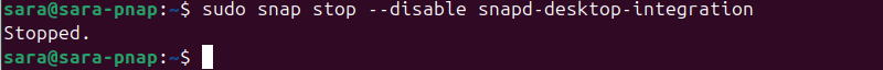sudo snap stop --disable snapd-desktop-integration terminal output