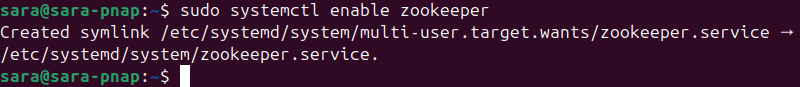 sudo systemctl enable zookeeper terminal output