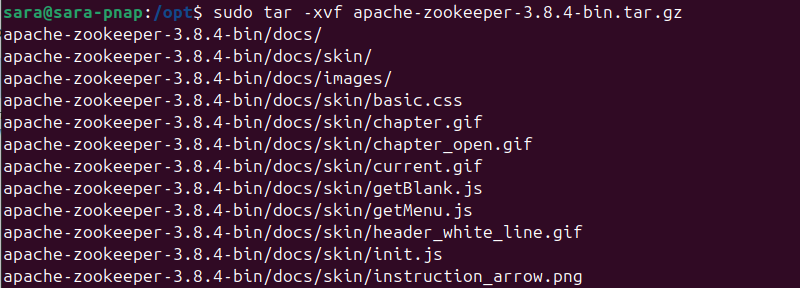 sudo tar -xvf apache-zookeeper-3.8.4-bin.tar.gz terminal output