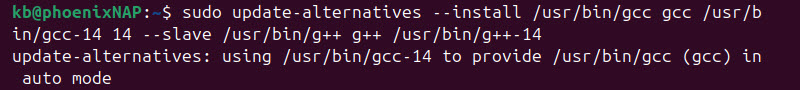 sudo update-alternaties gcc-14 terminal output