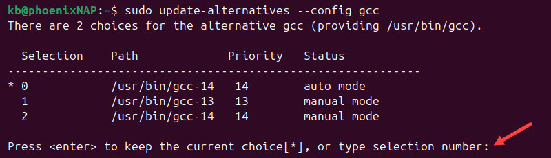 sudo update-alternatives --config gcc versions 14 and 13