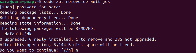 terminal output for sudo apt remove default-jdk