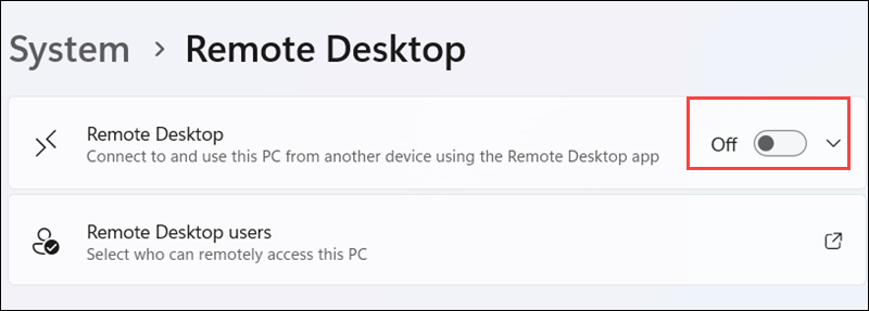 Toggle the Remote Desktop switch On