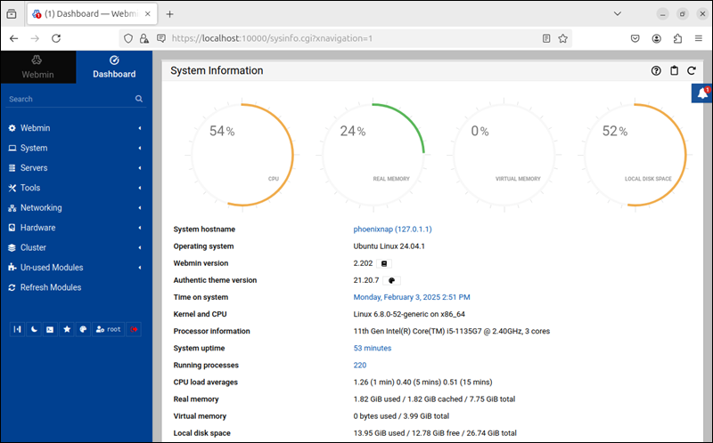 Webmin dashboard example.