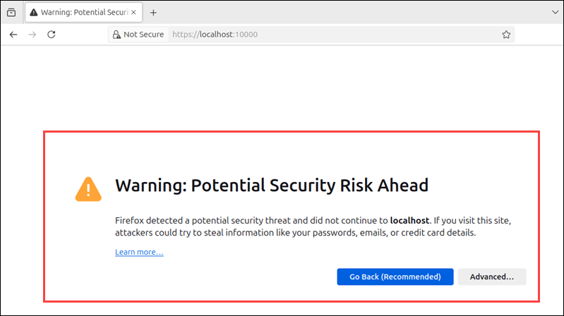 Webmin login security warning.