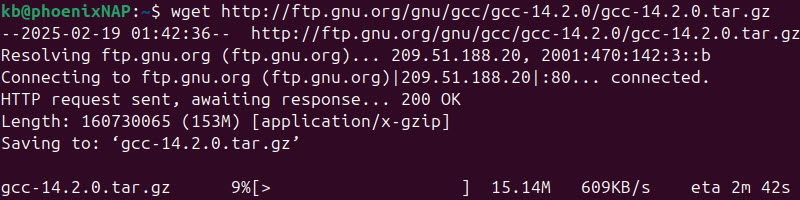 wget gcc-14.2.0 tar.gz terminal output