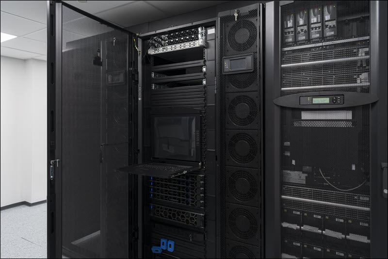 A modern server rack in a data center.