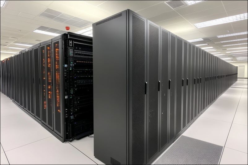 An illustration showing rows of server cabinets.