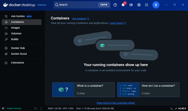 Docker dashboard on Windows.