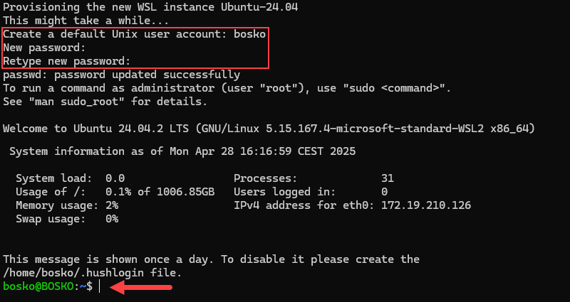 Initializing Ubuntu in WSL.