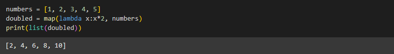map() Lambda function doubled numbers Python output