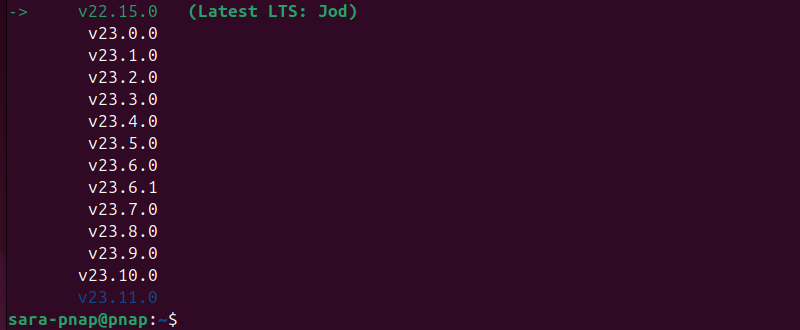 nvm ls-remote terminal output