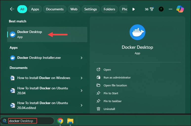 Open Docker desktop on Windows.