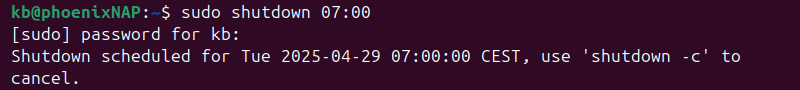 sudo shutdown 07:00 terminal output