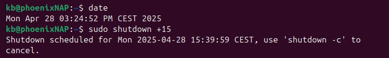 sudo shutdown +15 terminal output