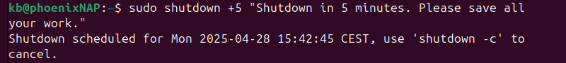 sudo shutdown +5 broadcast message terminal output