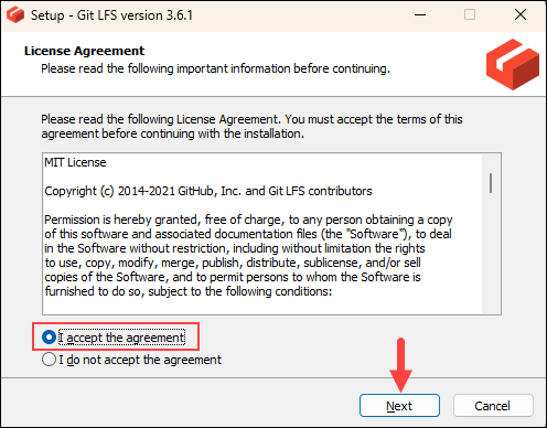 Accepting the license agreement for Git LFS.