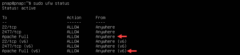 Apache status in UFW.