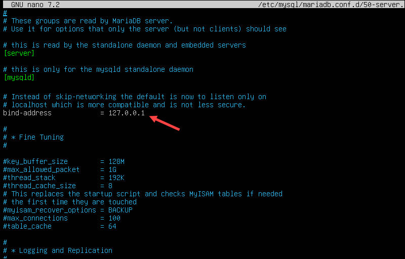 Changing the bind address in MariaDB.