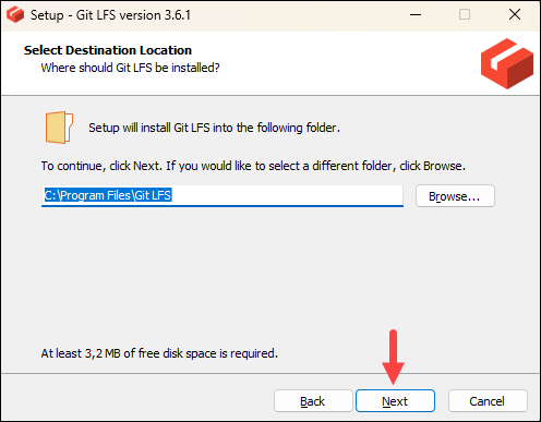 Choosing the Git LFS installation directory.